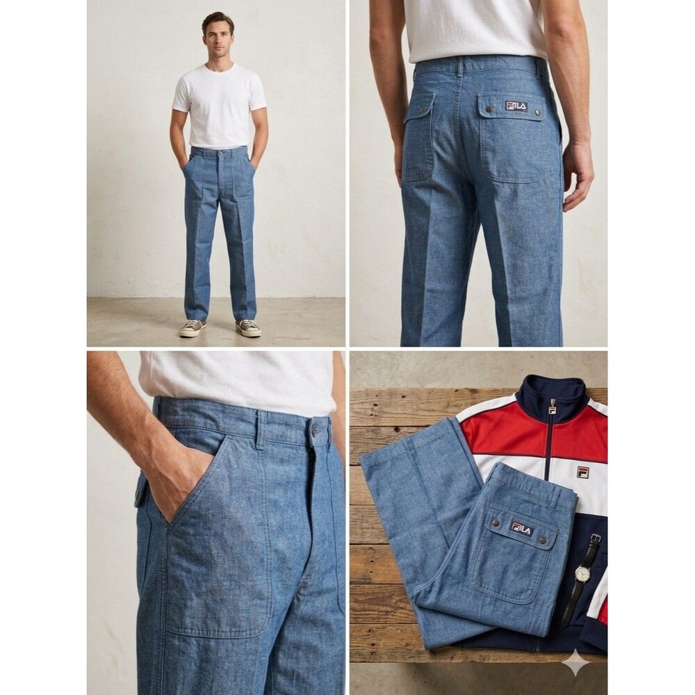 Vintage 70s 80s FILA Chambray Utility Pants Mens 34x27 Made in USA Workwear Blue